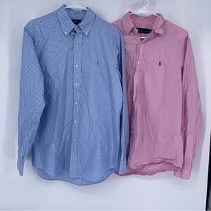 Ralph Lauren Blue Pink Gingham Button-Down Dress Shirts 2 Pc. Lot Bundle
